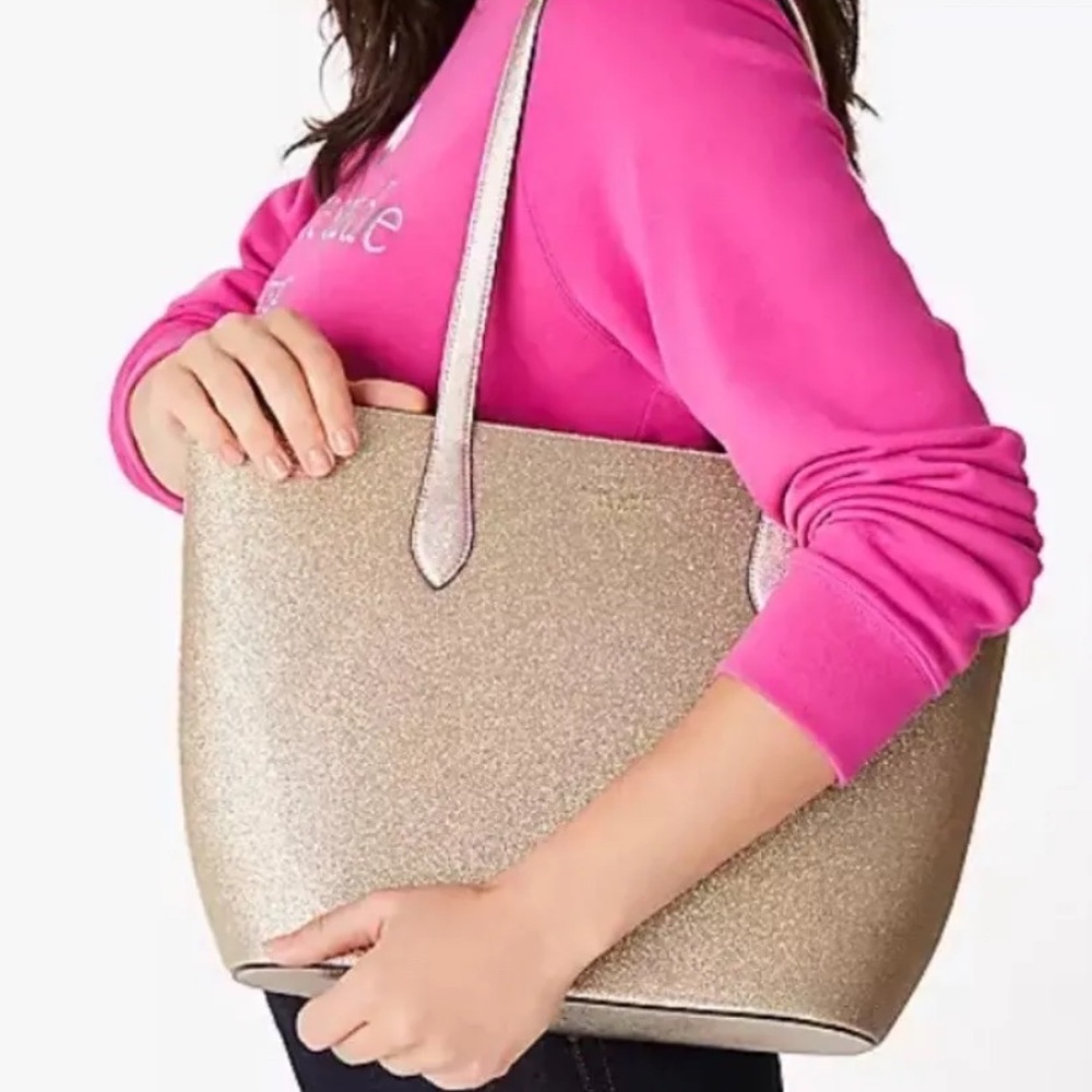 Kate Spade Glimmer Large Top Zip Tote Shoulder Bag Gold Glitter Holiday